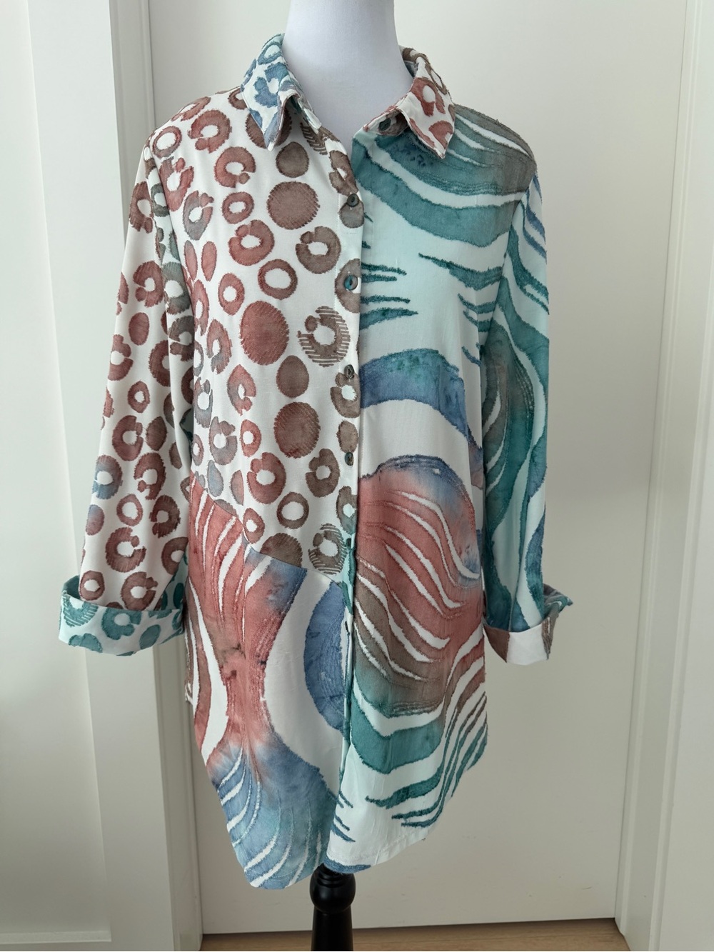 MINKAS Asymmetric Multi Animal Print Abstract Button Front Blouse Artsy Travel